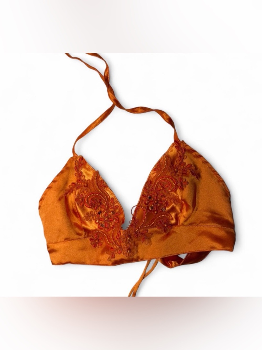 Embroidered beaded Satin Halter Bralette in Burnt Orange